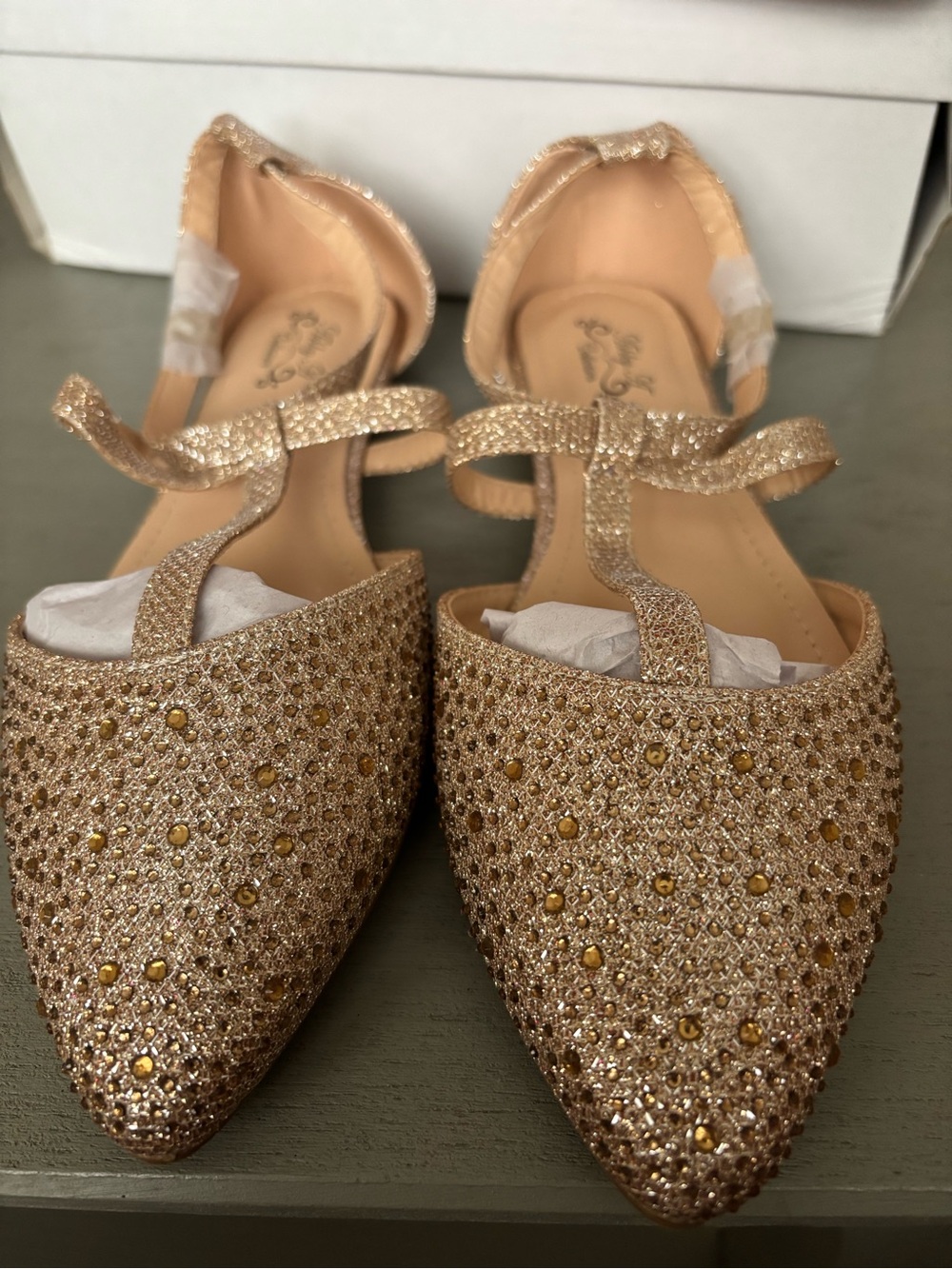 Sparkling Gold Pointed-Toe Women's Flats with Ankle Strap